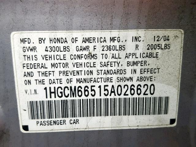 1HGCM66515A026620 - 2005 HONDA ACCORD EX GRAY photo 10