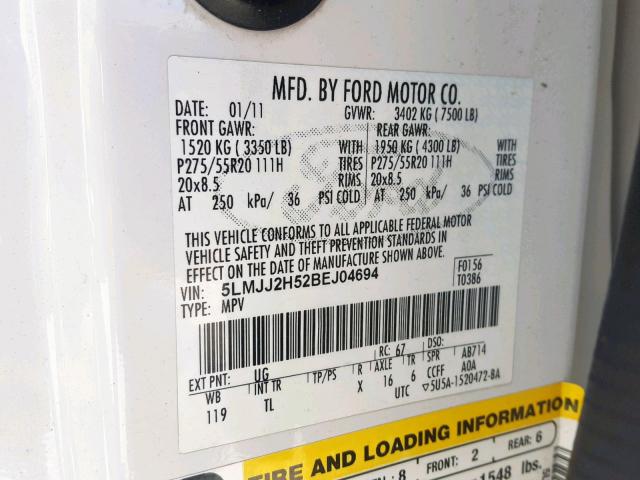 5LMJJ2H52BEJ04694 - 2011 LINCOLN NAVIGATOR 白色 照片 10