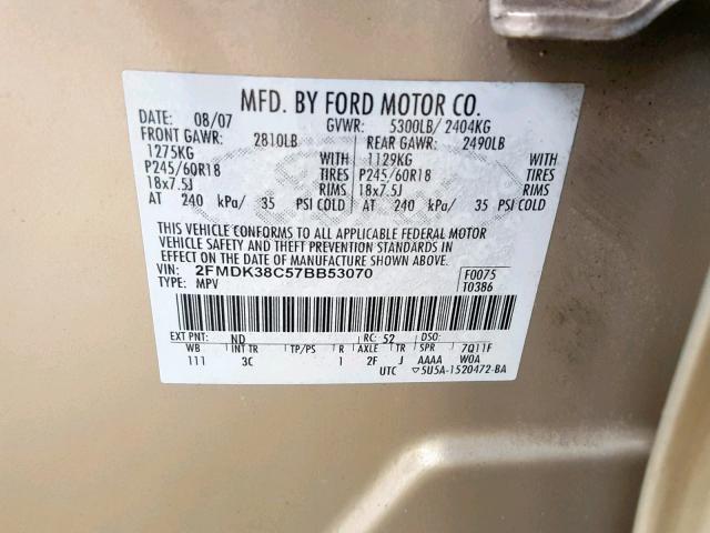 2FMDK38C57BB53070 - 2007 FORD EDGE SEL GOLD photo 10