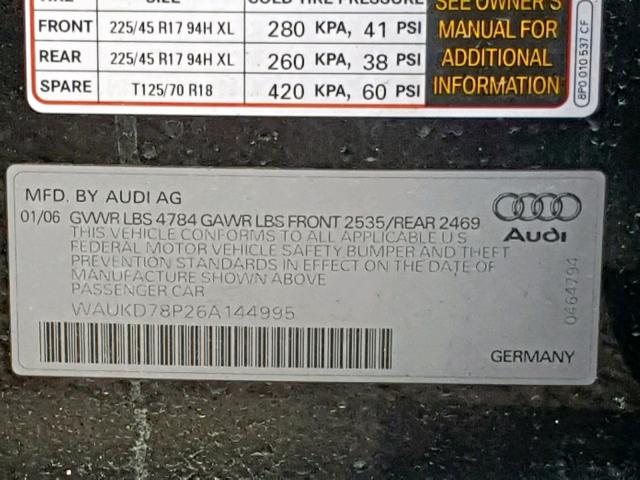 WAUKD78P26A144995 - 2006 AUDI A3 S-LINE BLACK photo 10