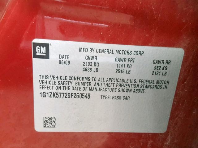 1G1ZK57729F260548 - 2009 CHEVROLET MALIBU LTZ წითელი ფოტო 10