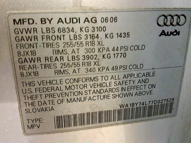 WA1BY74L77D027529 - 2007 AUDI Q7 3.6 QUA SILVER photo 10