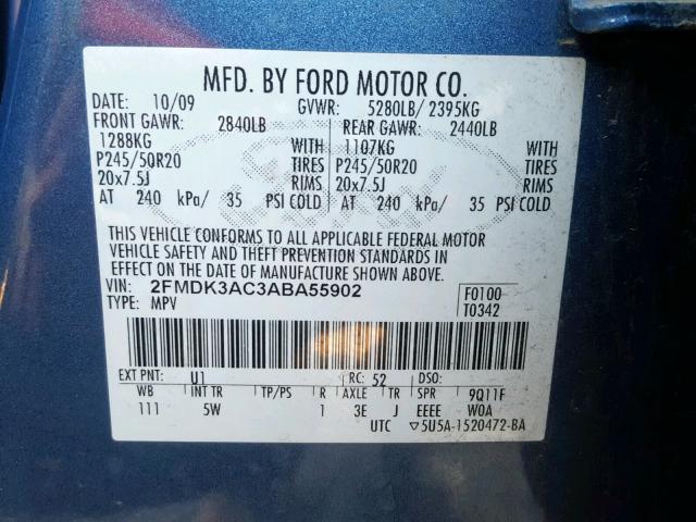 2FMDK3AC3ABA55902 - 2010 FORD EDGE SPORT BLUE photo 10