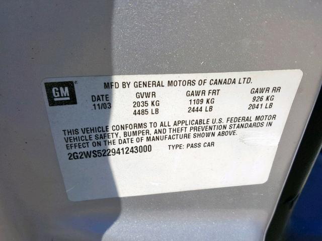 2G2WS522941243000 - 2004 PONTIAC GRAND PRIX SILVER photo 10