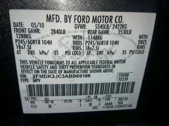 2FMDK3JC3ABB69186 - 2010 FORD EDGE SEL GRAY photo 10