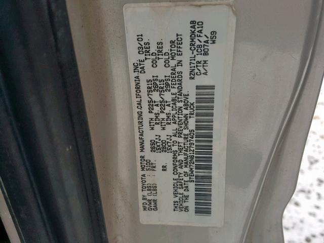 5TEWM72N61Z797405 - 2001 TOYOTA TACOMA XTR SILVER photo 10