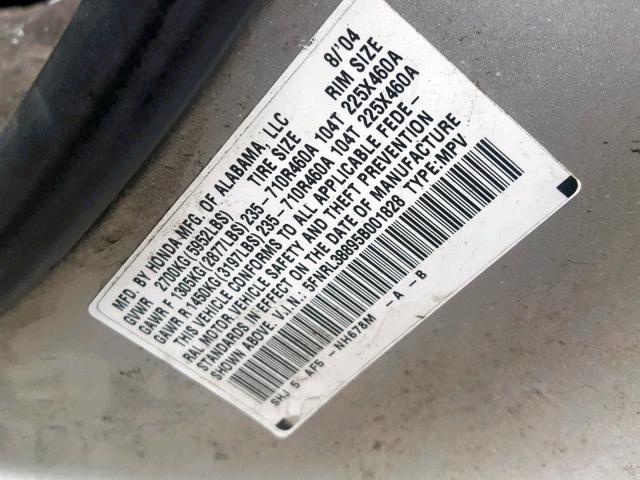 5FNRL38895B001828 - 2005 HONDA ODYSSEY TO SILVER photo 10