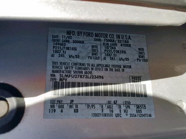 5LMFU27R73LJ23496 - 2003 LINCOLN NAVIGATOR Gümüş foto 10