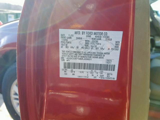 4M2CU57146KJ05631 - 2006 MERCURY MARINER RED photo 10