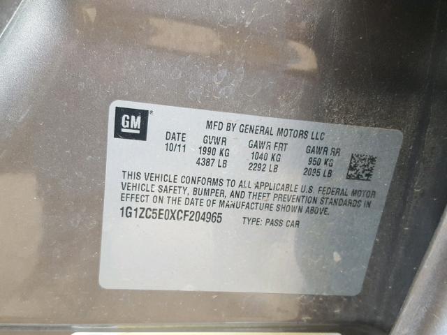 1G1ZC5E0XCF204965 - 2012 CHEVROLET MALIBU 1LT GRAY photo 10