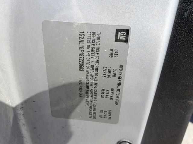 1G2AL18F187223603 - 2008 PONTIAC G5 SILVER photo 10