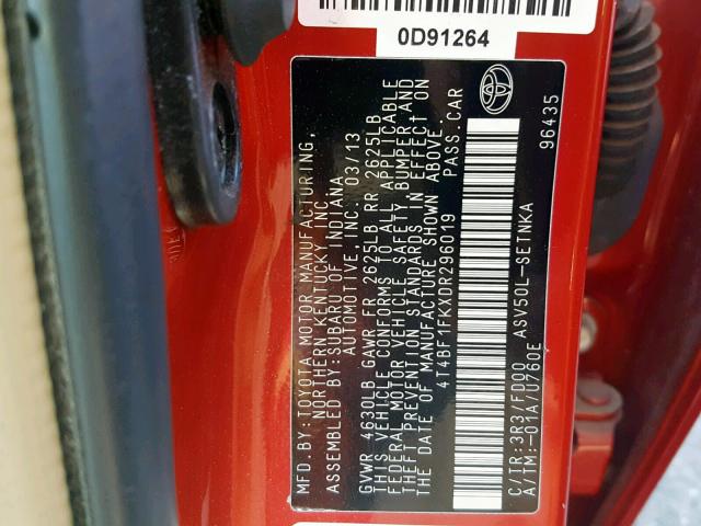4T4BF1FKXDR296019 - 2013 TOYOTA CAMRY L 红色 照片 10