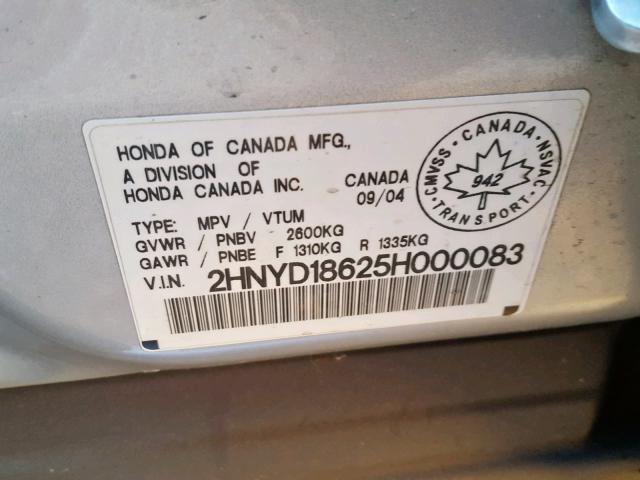 2HNYD18625H000083 - 2005 ACURA MDX TOURIN SILVER photo 10