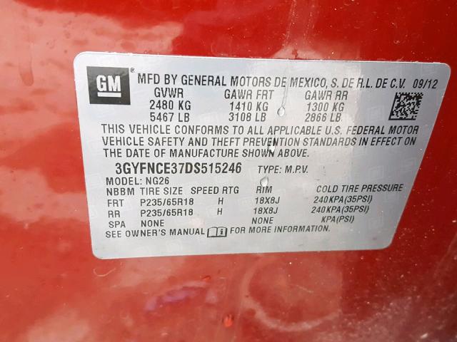 3GYFNCE37DS515246 - 2013 CADILLAC SRX LUXURY RED photo 10