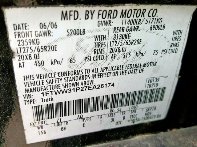 1FTWW31P27EA28174 - 2007 FORD F350 SRW S BLACK photo 10