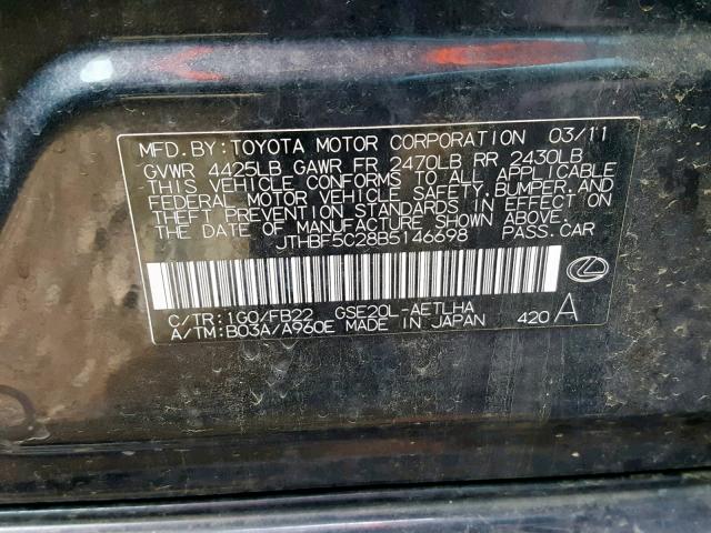 JTHBF5C28B5146698 - 2011 LEXUS IS 250 GRAY photo 10