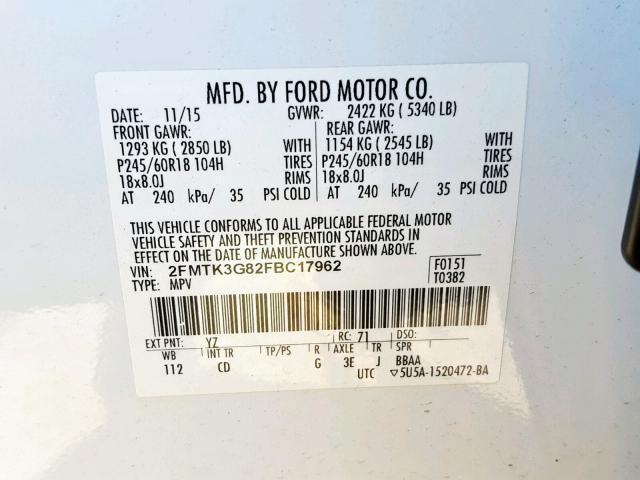 2FMTK3G82FBC17962 - 2015 FORD EDGE SE WHITE photo 10