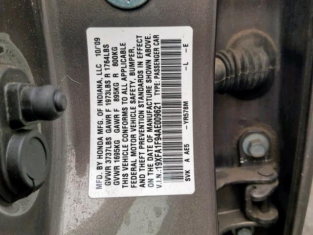 19XFA1F94AE009621 - 2010 HONDA CIVIC EXL GRAY photo 10