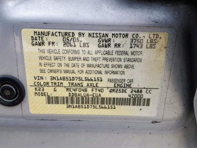 3N1AB51D75L566151 - 2005 NISSAN SENTRA SE- SILVER photo 10