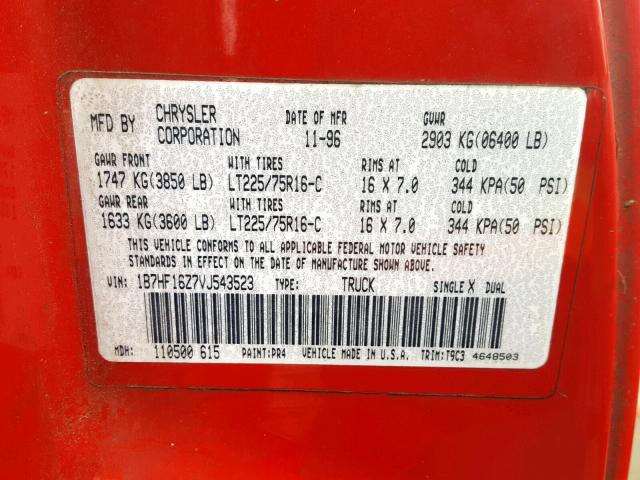 1B7HF16Z7VJ543523 - 1997 DODGE RAM 1500 RED photo 10