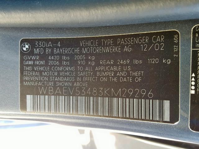 WBAEV53483KM29296 - 2003 BMW 330 I GRAY photo 10