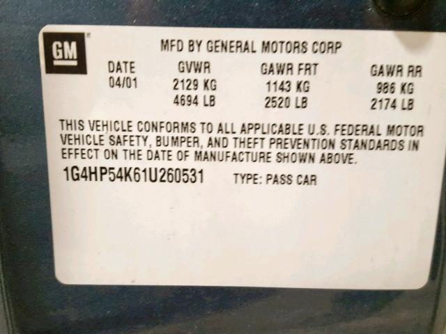 1G4HP54K61U260531 - 2001 BUICK LESABRE CU BLUE photo 10