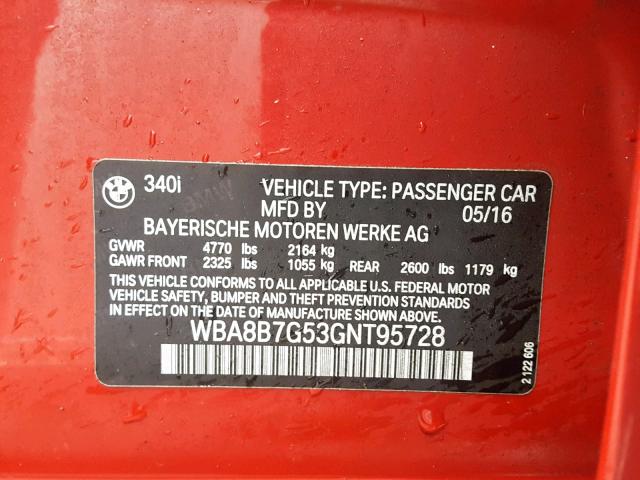 WBA8B7G53GNT95728 - 2016 BMW 340 XI RED photo 10