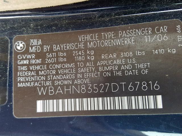 WBAHN83527DT67816 - 2007 BMW 750 BLACK photo 10