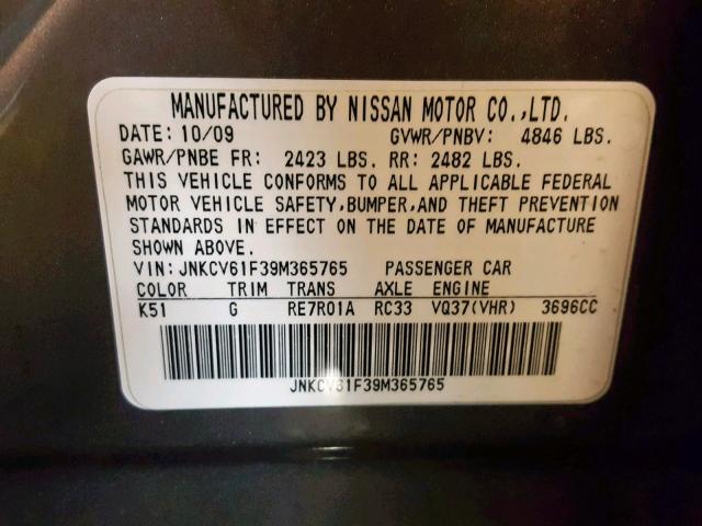 JNKCV61F39M365765 - 2009 INFINITI G37 GRAY photo 10