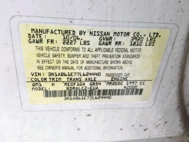 3N1AB61E77L624440 - 2007 NISSAN SENTRA 2.0 WHITE photo 10