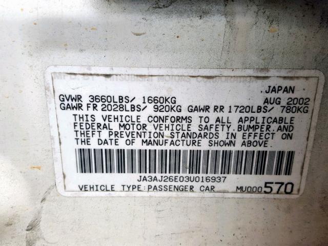 JA3AJ26E03U016937 - 2003 MITSUBISHI LANCER ES WHITE photo 10