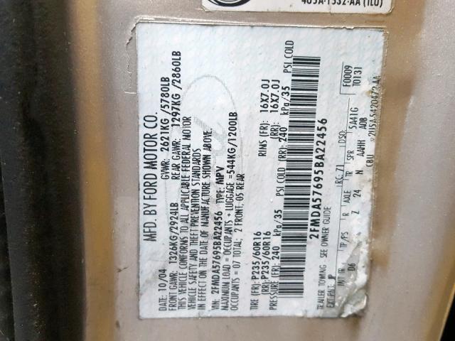 2FMDA57695BA22456 - 2005 FORD FREESTAR S GRAY photo 10