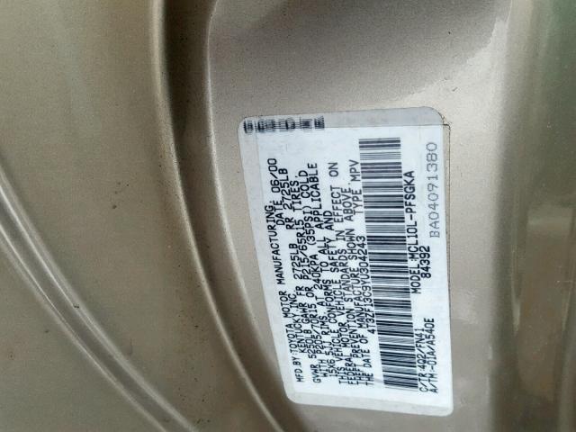 4T3ZF13C9YU304243 - 2000 TOYOTA SIENNA LE GOLD photo 10