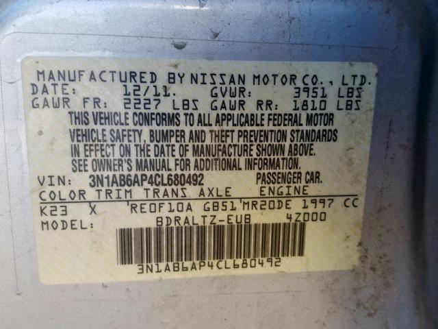 3N1AB6AP4CL680492 - 2012 NISSAN SENTRA 2.0 SILVER photo 10