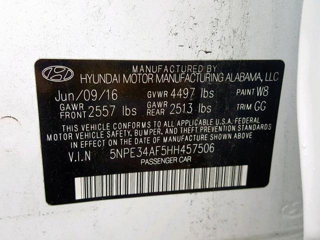 5NPE34AF5HH457506 - 2017 HYUNDAI SONATA SPO WHITE photo 10