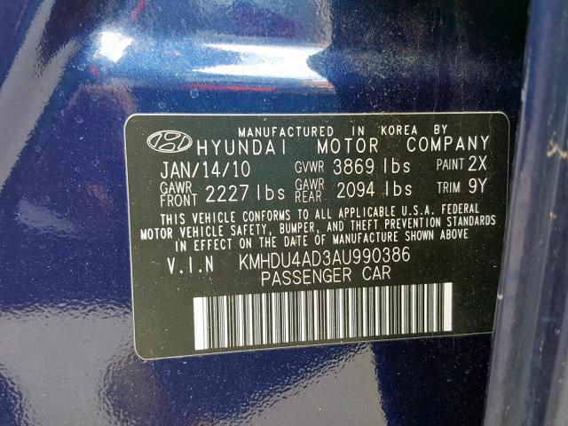 KMHDU4AD3AU990386 - 2010 HYUNDAI ELANTRA BL BLUE photo 10