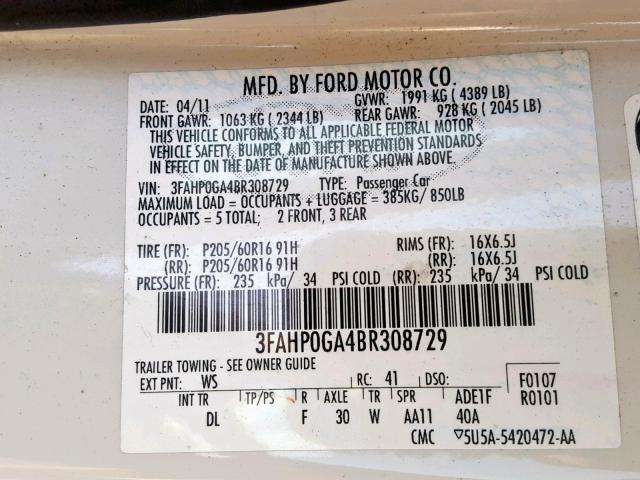 3FAHP0GA4BR308729 - 2011 FORD FUSION S WHITE photo 10