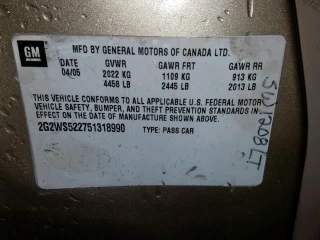 2G2WS522751318990 - 2005 PONTIAC GRAND PRIX GOLD photo 10