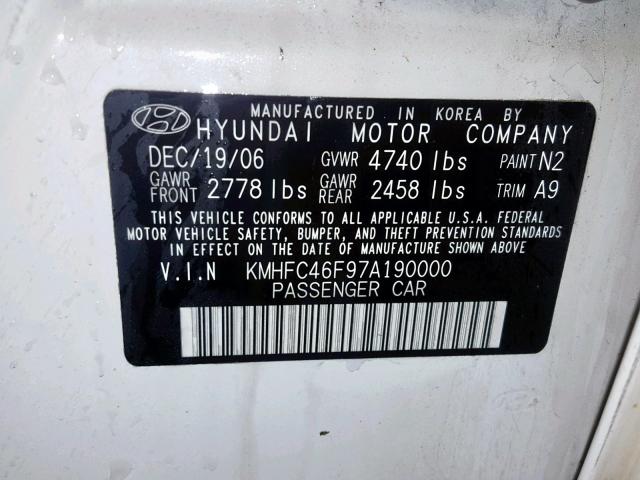 KMHFC46F97A190000 - 2007 HYUNDAI AZERA SE WHITE photo 10