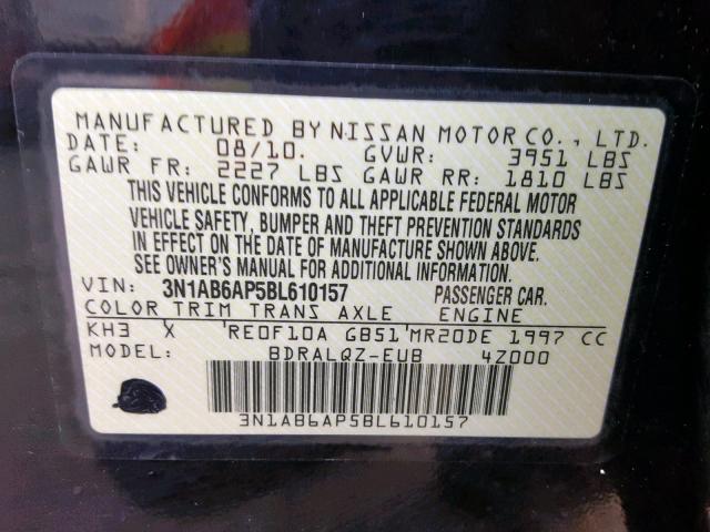 3N1AB6AP5BL610157 - 2011 NISSAN SENTRA 2.0 BLACK photo 10