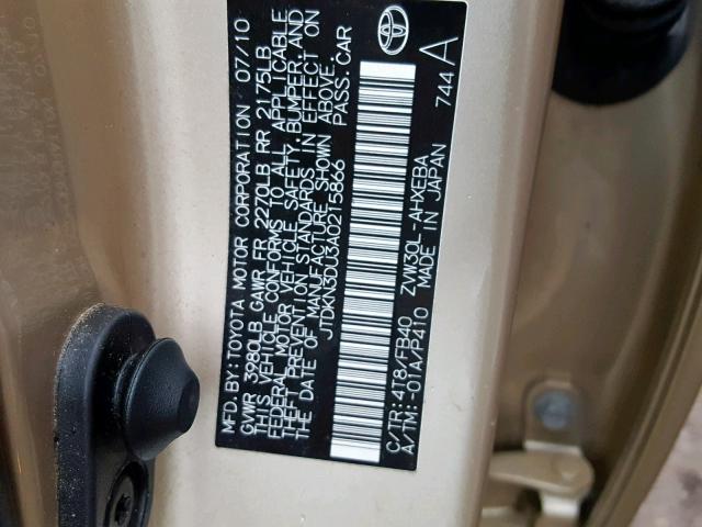 JTDKN3DU3A0215866 - 2010 TOYOTA PRIUS BEIGE photo 10