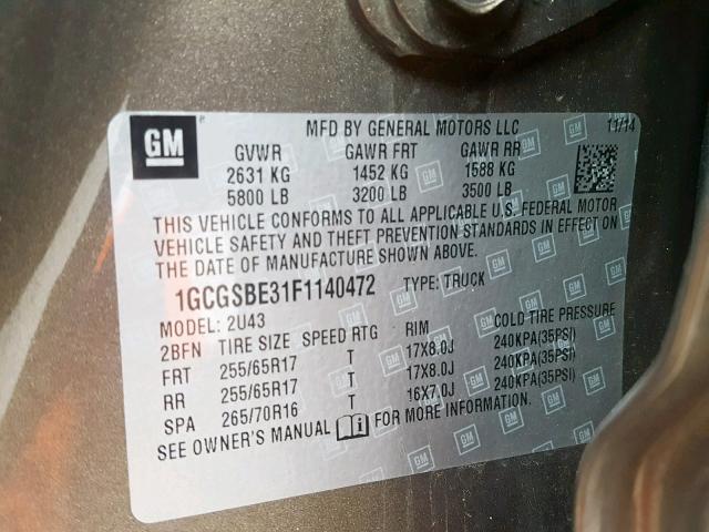 1GCGSBE31F1140472 - 2015 CHEVROLET COLORADO L BROWN photo 10