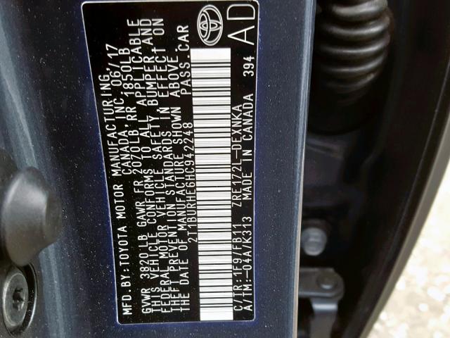 2T1BURHE6HC942248 - 2017 TOYOTA COROLLA L 蓝色 照片 10