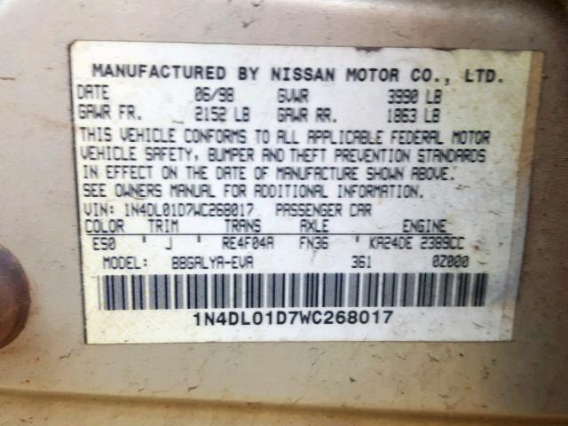 1N4DL01D7WC268017 - 1998 NISSAN ALTIMA XE GRAY photo 10