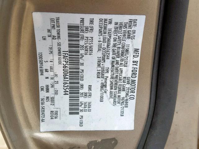 1FAFP56U06A163544 - 2006 FORD TAURUS SEL GOLD photo 10