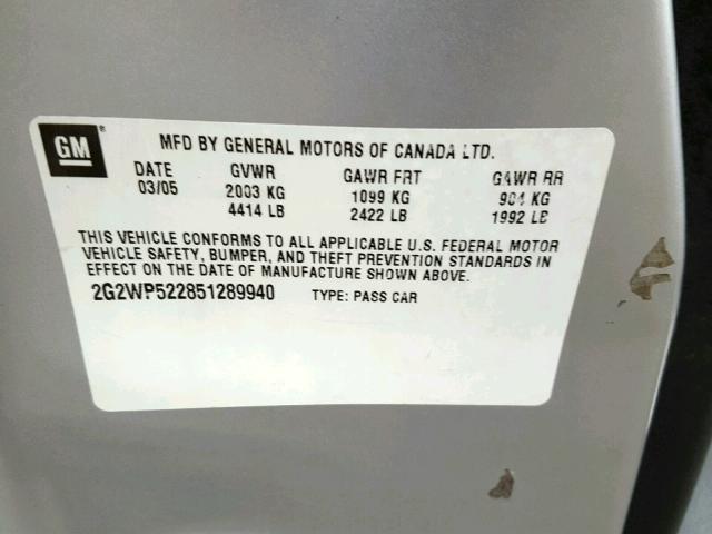 2G2WP522851289940 - 2005 PONTIAC GRAND PRIX SILVER photo 10