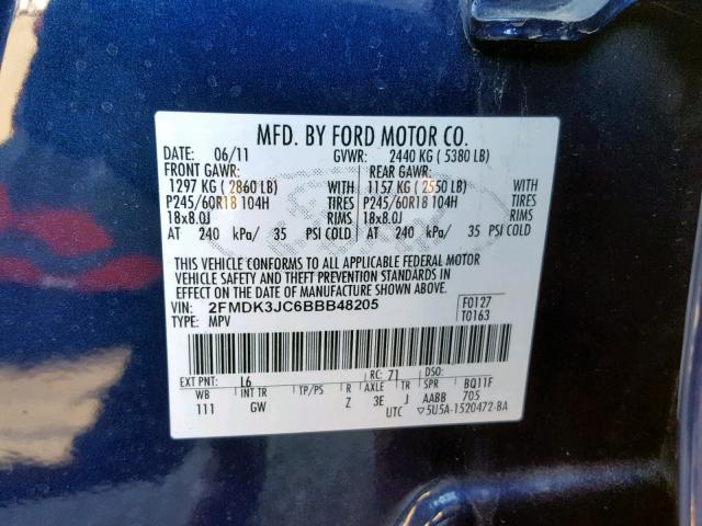 2FMDK3JC6BBB48205 - 2011 FORD EDGE SEL BLUE photo 10