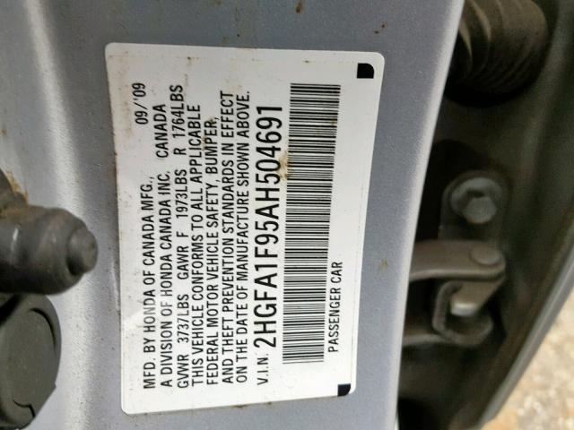 2HGFA1F95AH504691 - 2010 HONDA CIVIC EXL SILVER photo 10