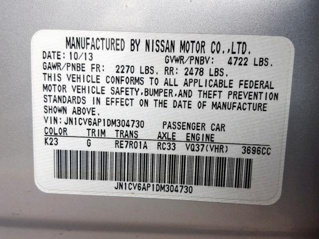 JN1CV6AP1DM304730 - 2013 INFINITI G37 BASE GRAY photo 10