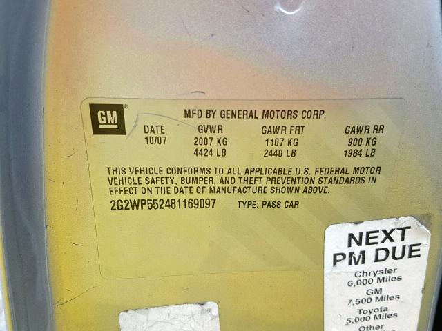 2G2WP552481169097 - 2008 PONTIAC GRAND PRIX SILVER photo 10